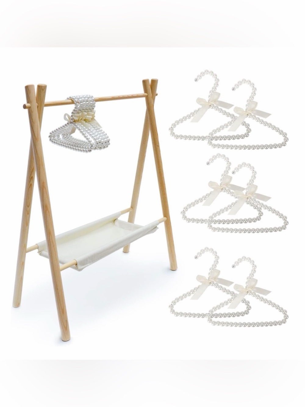 Wooden Pet Clothes Hanger, 6-Piece Set with 2-Tier Storage Space (Beige)